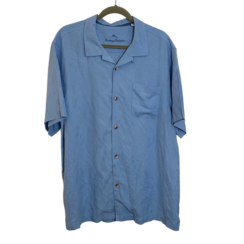 Tommy Bahama Silk Camp Shirt Size XL Blue Tropical Leaves Short Sleeve‎ Casual